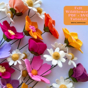 Colorful felt wildflower flowers with layered petals on stems, assorted shapes