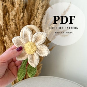 Crochet teether flower pattern PDF, off-white petals with yellow center and green leaf