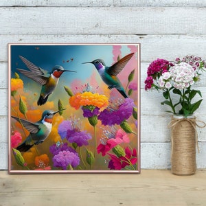 Framed hummingbird and flower sublimation print with colorful artwork