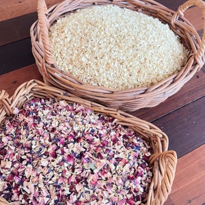 Biodegradable dried flower confetti, multicolor petal mix in woven baskets
