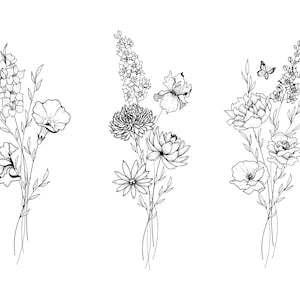 Line art wildflower bouquet tattoo design with multiple month flowers, black ink