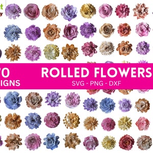 Rolled flower SVG collection with many 3D paper flower designs in assorted colors