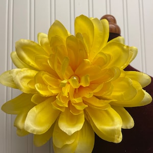 Large yellow flower brooch pin with layered petals for dress, corsage, or hair