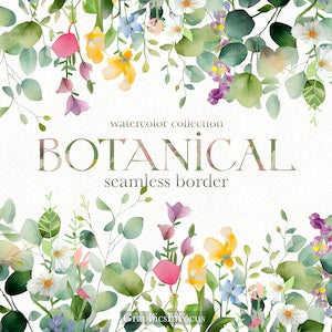 Watercolor botanical seamless border with multicolor flowers and green leaves