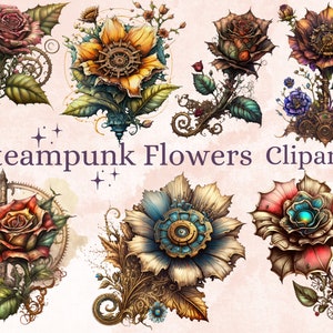 Watercolor steampunk flower clipart bundle with ornate gears and floral designs