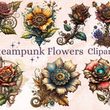 23 PNG Watercolor Steampunk Flowers Clipart, Steampunk Ephemera, Fantasy Steampunk Flower png bundle, Junk Journal Tags, Scrap, Ephemera Kit