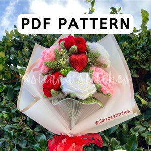 Crochet rose pattern PDF with red and pink crochet roses on paper