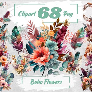 Watercolor boho floral clipart set with multi-color bouquets and leaves