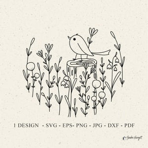 Botanical plotter file with line art bird on stump among flowers and stems