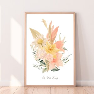 Framed floral portrait print with pastel bouquet and small cursive text