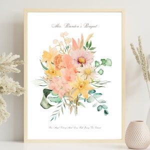 Framed custom family birth flower bouquet print with pastel pink, peach, and yellow blooms