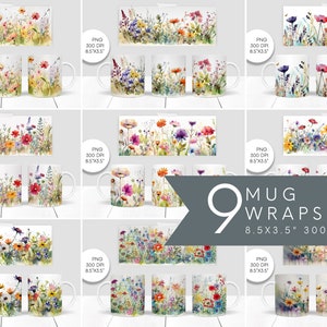 Floral watercolor wildflower mug wrap template bundle, 11oz full-wrap PNGs