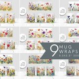 Watercolor Wild Flowers Mug Bundle, Mystical Mug Design, Floral 11oz Mug Templates, Instant Download Coffee Mug Full Wrap, Mug PNG