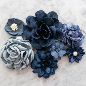 Variety bundle of dark navy and gray fabric flowers with small white accents