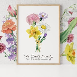 Framed watercolor bouquet print with pink, yellow, and purple flowers and family name text