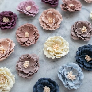 Small artificial felt flowers with stamen, mixed pastel colors, 3D layered petals