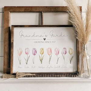 Framed watercolor tulip flower print with 'Grandma's Garden' text