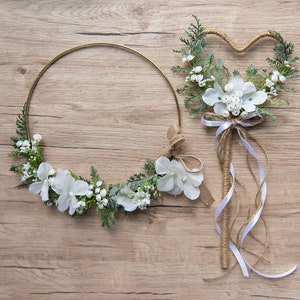 Flower girl flower crown hair piece with white baby's breath blooms and ribbon ties