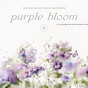 Watercolor floral border clipart with purple flowers and soft green foliage