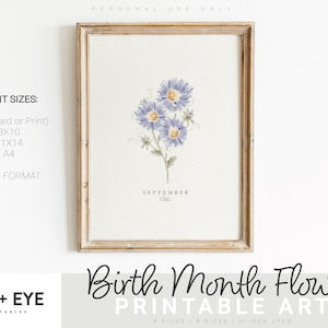 Framed watercolor aster birth-month printable with floral bouquet and small text