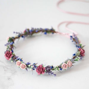 Boho flower crown headband with pastel roses in pink, purple, and blue