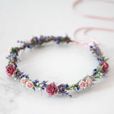 Boho flower crown headband with pastel roses in pink, purple, and blue