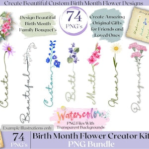 Watercolor birth month flower PNG clipart bundle with 74 floral designs, assorted blooms