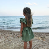 Sage green flower girl dress, ruffled linen dress baby, sage green pinafore dress, organic boho dress