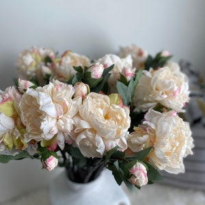 Cream dried-look peony stem with three buds, artificial flowers for decor