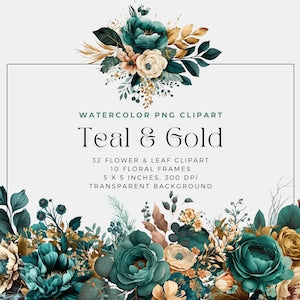 Teal and gold watercolor floral clipart bouquet elements with layered blooms