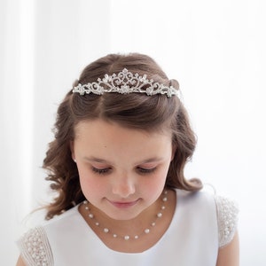Silver crystal rhinestone tiara headband with leaf-like filigree on dark hair