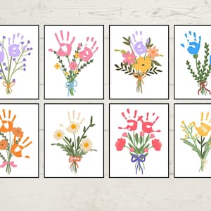 Handprint flower craft template set with multiple colorful flower handprints