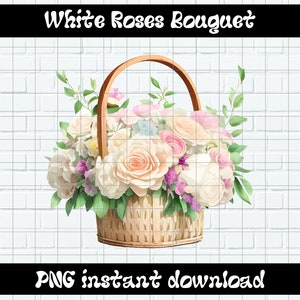 Watercolor white roses bouquet in a wicker basket with pastel pink and green leaves