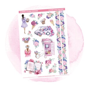 Decorative planner sticker sheet with colorful floral, gift, and window motifs