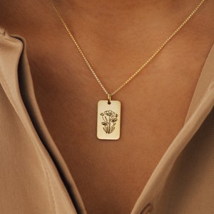 Birth flower pendant necklace with box chain and engraved floral charm, gold-tone