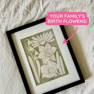 Square framed minimalist flower illustration with layered blooms, monochrome green on cream