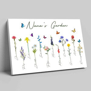 White garden canvas with colorful flowers, butterflies, and hand-lettered 'Nana's Garden'