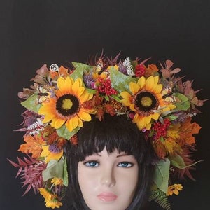 Floral crown with large yellow sunflowers and colorful leaves for hair