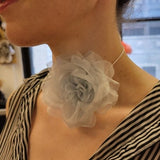 M&S Schmalberg 3.5" Silk Organza Rose Light Blue Pastel Flower Choker Necklace - Made in USA