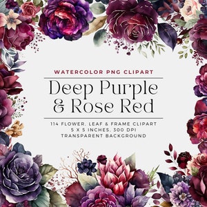 Watercolor floral frame with deep purple and rose red flowers, wreath clipart