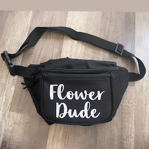 Black fanny pack with 'Flower Dude' text and adjustable waist strap