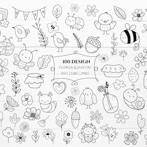 Line-art flower & animal doodle SVG cut file bundle with birds, insects, and blossoms