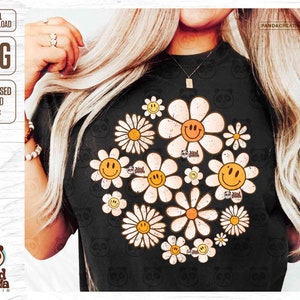 Black distressed sweatshirt with boho smiley flower graphic front