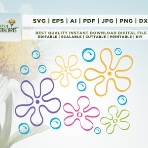 Pastel flower outline set with five line flowers in yellow, purple, pink, and green