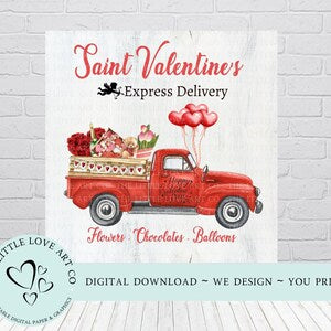 Valentine's tiered tray sign featuring red delivery truck and Saint Valentine's lettering