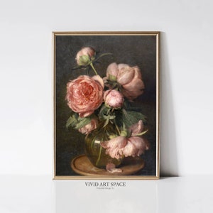 Framed floral painting with pink peonies and buds on a dark background, gold border.
