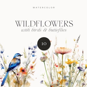 Watercolor wildflowers with blue bird and pastel flowers, hand-painted look