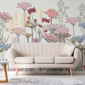 Peel-and-stick wildflower vinyl mural wallpaper with pastel blooms on light backdrop