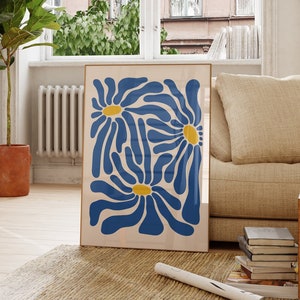 Abstract botanical flower wall art print, blue on light background