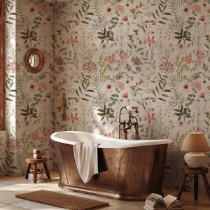 Watercolor Wild Floral Wallpaper | Soft Botanical Floral Wall Mural | Little Floral with Grass Wallpaper | Field Flowers Wall Mural